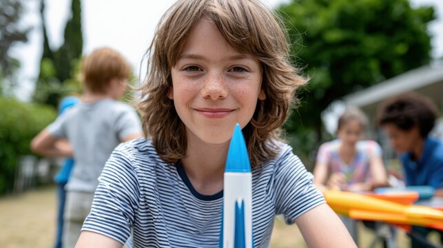 stem education showcase, quality editorial on outdoor national aviation day science fair with students launching model rockets and discussing flight physics, showing a vibrant community