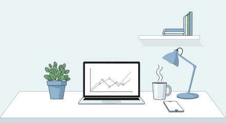 Fototapeta premium Minimalist home office workspace vector, laptop with business growth chart on desk, modern remote work environment with desk lamp and coffee mug
