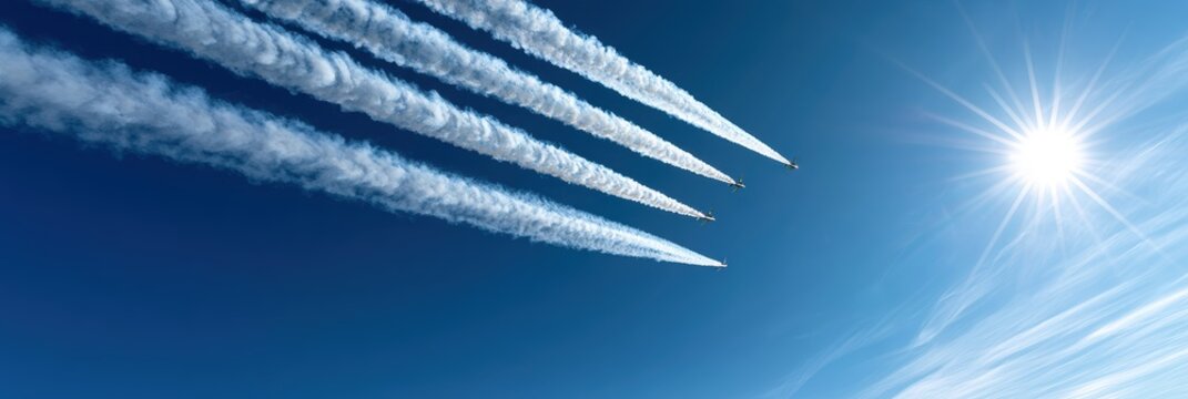 national aviation day banner, contemporary web banner for national aviation day with synchronized aerobatic planes creating elegant smoke patterns in the sky