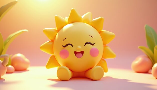 Smiling cartoon sun with pink cheeks sits happily. Bright yellow character with sunny rays. Nature plants surround happy sun. Cheerful day. Sunny weather.