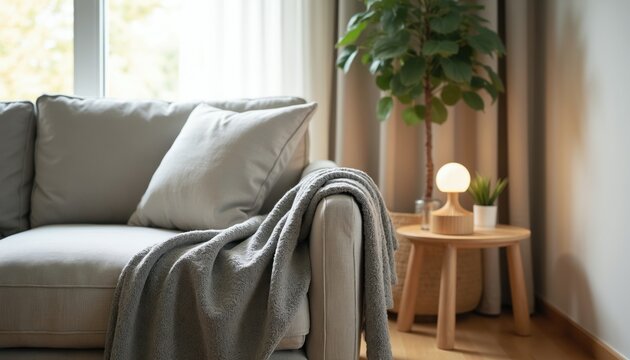 Light gray sofa with plush pillows and soft throw blanket in modern living room. Cozy interior with natural light window, wooden table, plant, and small lamp create calm atmosphere.