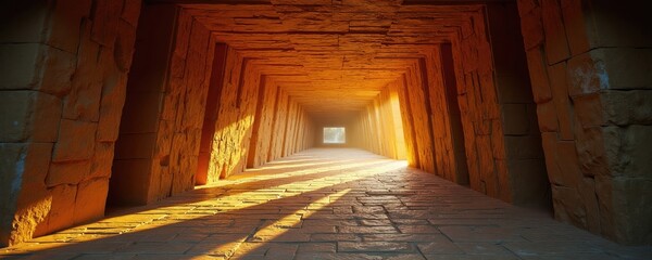 Fototapeta premium Endless stone tunnel perspective with dramatic light rays. Warm sunlight streams through gaps creating long shadows on floor. Abstract architectural passage interior.