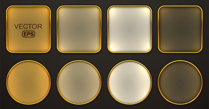 Set of golden frosted glass buttons and frames. Elegant UI elements for app or web design. Vector illustration