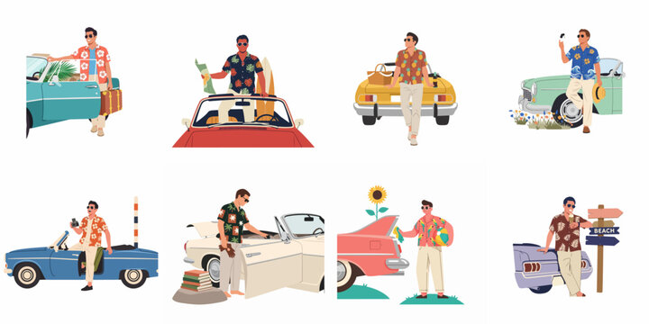 Collection of flat vector illustrations featuring men in tropical shirts embarking on summer road trips with classic vintage convertible cars and travel gear.
