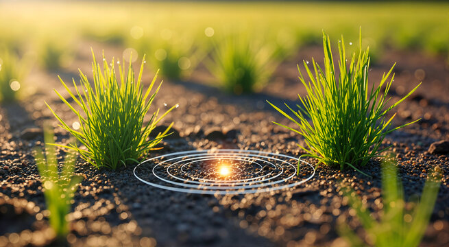 Glowing beacon emitting concentric rings on rich soil between dewy green grass tufts. Smart agriculture and environmental monitoring concept