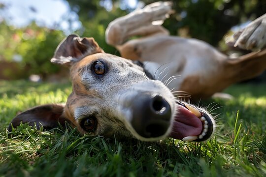 Playful Azawakh dog rolling on its back in green grass on a sunny day 