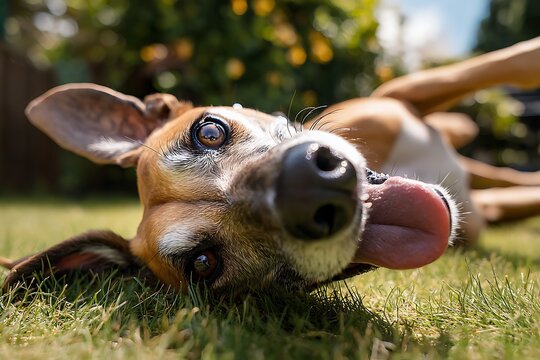 Playful Azawakh dog rolling on its back in green grass on a sunny day 