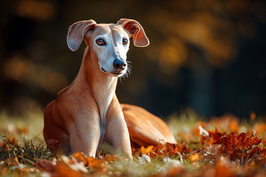 Close up portrait of an elegant Azawakh dog lying down in autumn leaves
