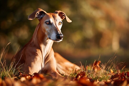 Close up portrait of an elegant Azawakh dog lying down in autumn leaves
