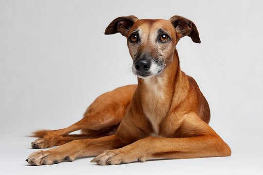 Full body studio portrait of an elegant Azawakh dog sitting on a light gray background
