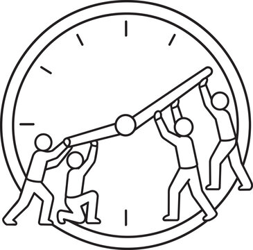 People pushing clock hands moving time forward teamwork