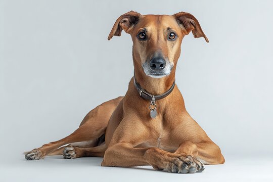 Full body studio portrait of an elegant Azawakh dog sitting on a light gray background
