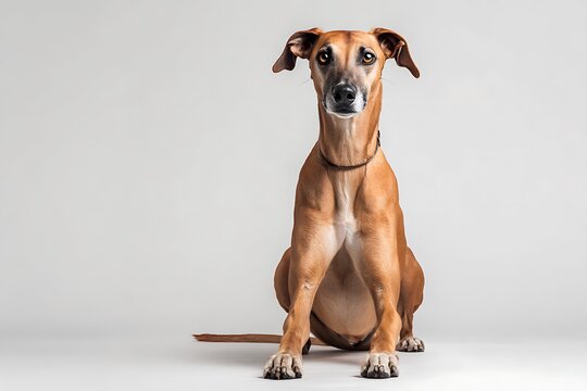 Full body studio portrait of an elegant Azawakh dog sitting on a light gray background
