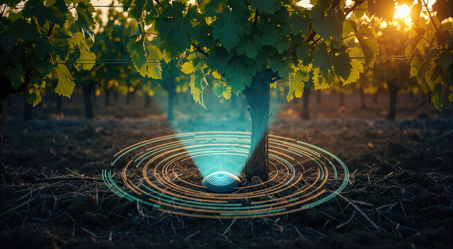 Smart agriculture sensor at the base of a grapevine in a vineyard. Device emitting glowing teal rings and light onto leaves at golden hour. Precision viticulture technology