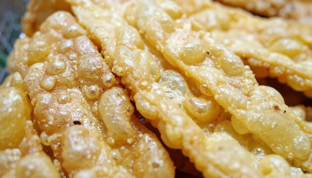 Macro view of crispy golden layered fried dough pastries.