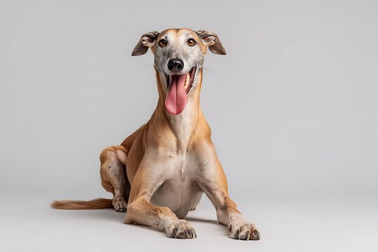 Full body studio portrait of an elegant Azawakh dog sitting on a light gray background

