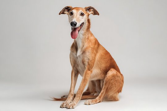 Full body studio portrait of an elegant Azawakh dog sitting on a light gray background
