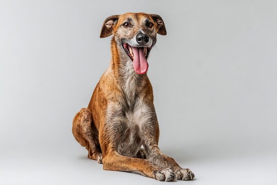 Full body studio portrait of an elegant Azawakh dog sitting on a light gray background
