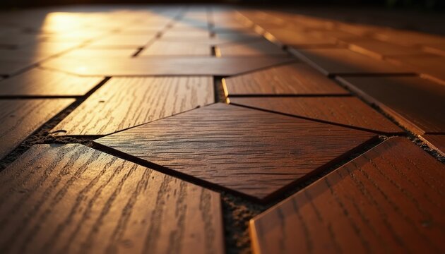 Close-up view of polished dark wood floor tiles laid in geometric pattern. Sunlight casts long shadows across textured surface creating warm, inviting atmosphere. Useful for home decor design