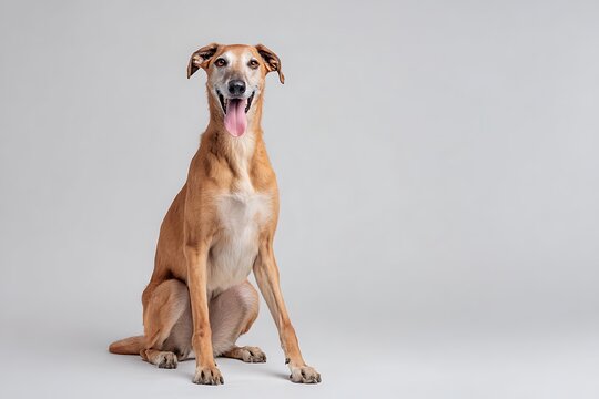 Full body studio portrait of an elegant Azawakh dog in front of a light gray background
