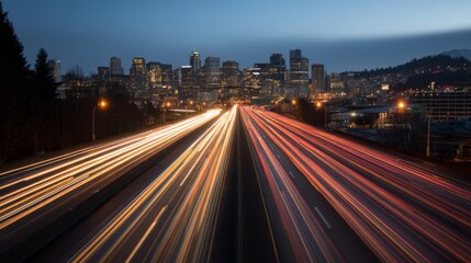 Fototapeta premium Vibrant City Skyline at Dusk with Light Trails on Busy Highway, Urban Landscape, Modern Buildings and Colorful Lights Reflected in Evening Sky