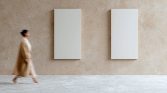 Contemporary interior with two vertical mockup frames on textured wall and blurred female figure passing through scene