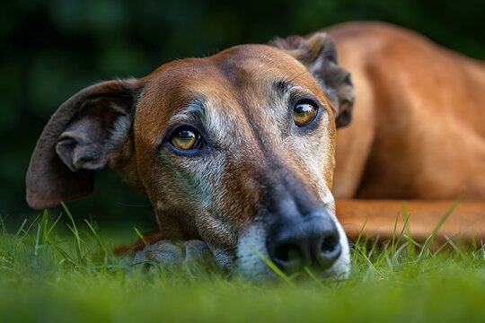 Close up portrait of an elegant Azawakh dog lying down on green grass in summer nature