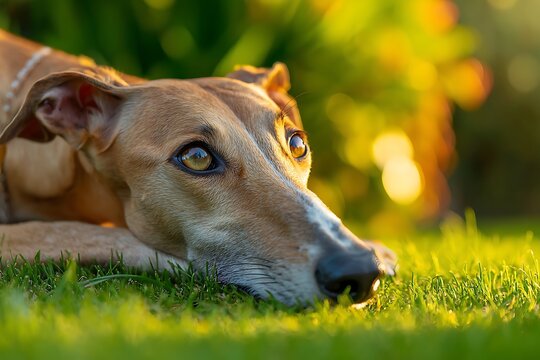 Close up portrait of an elegant Azawakh dog lying down on green grass in summer nature