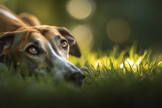 Close up portrait of an elegant Azawakh dog lying down on green grass in summer nature