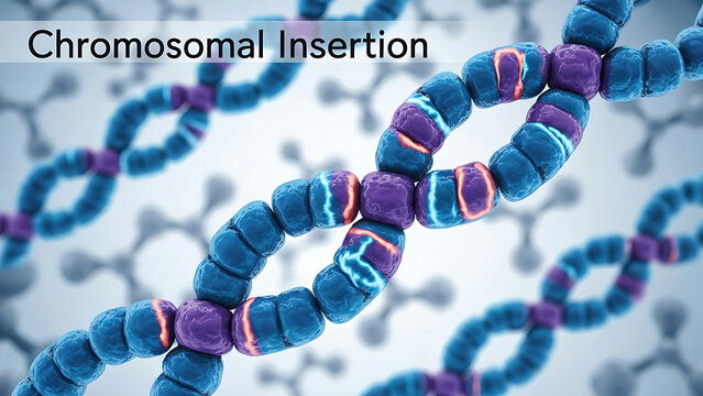Chromosomal insertion genetic mutation concept with colorful DNA double helix strands twisted together showing purple and blue beads on twisted chains