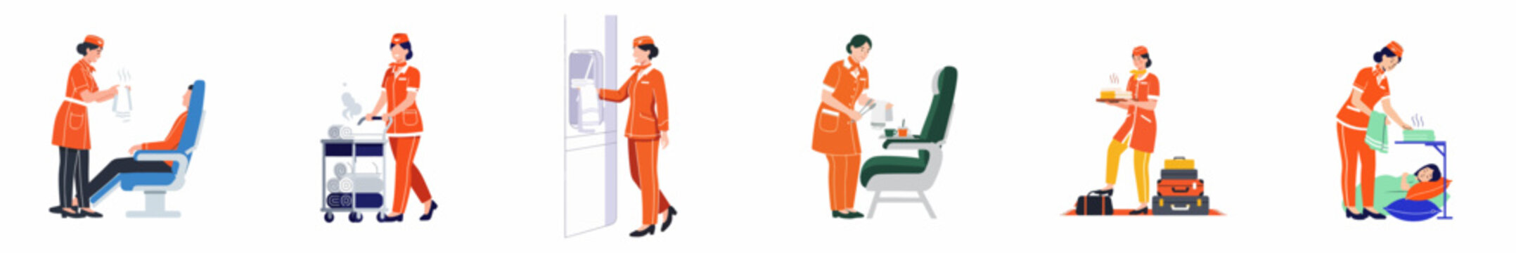 Flight attendants in orange uniforms providing passenger services, including hot towels, blankets, and refreshments on an airplane, in various scenes.