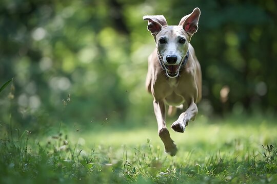 Action packed high speed photograph of an Azawakh dog running fast through a green meadow
