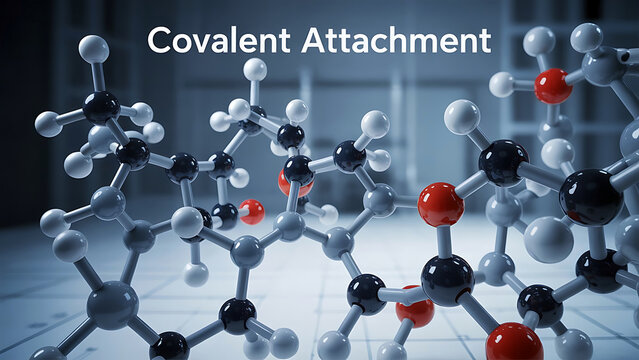 Covalent attachment molecular structure model with red black and white balls connected by rods on a grid surface in a laboratory setting