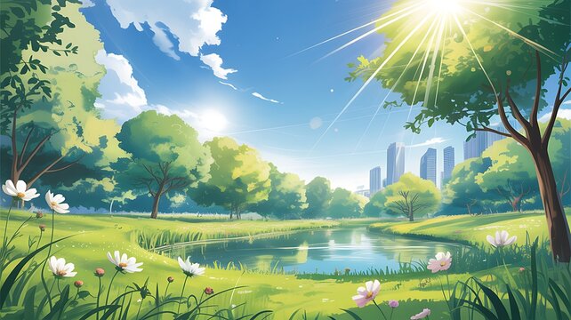 Bright sunny summer day in a lush green park with blooming wildflowers beside a calm pond and city .