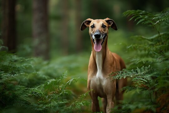 Picture of an elegant Azawakh dog standing proud on a forest path at sunset
