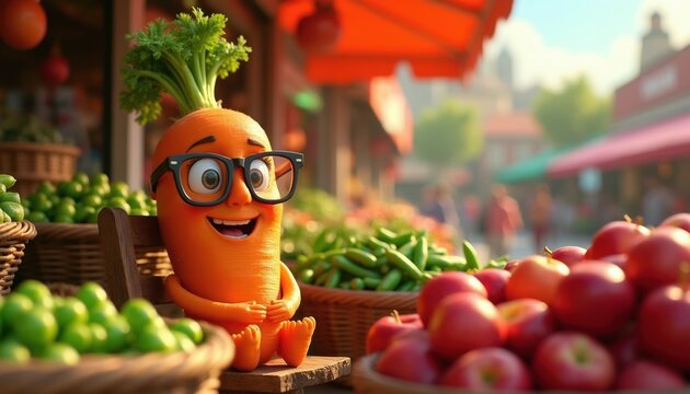 Cheerful carrot character with glasses sits at market stall. He is surrounded by fresh produce like apples, peas. Background shows busy street fair with shoppers. This illustration is fun, vibrant.