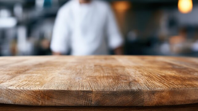 Wooden tabletop with blurred chef working in restaurant kitchen background, warm hospitality atmosphere