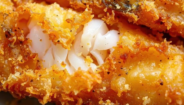 Macro view of flaky white fish inside crispy breading.