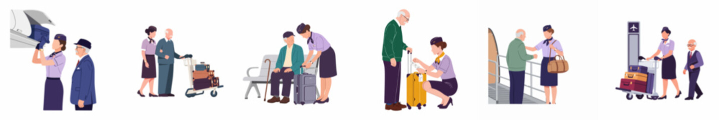 Obraz premium A collection of flat illustrations showing professional flight attendants providing helpful assistance to elderly passengers during various stages of air travel.
