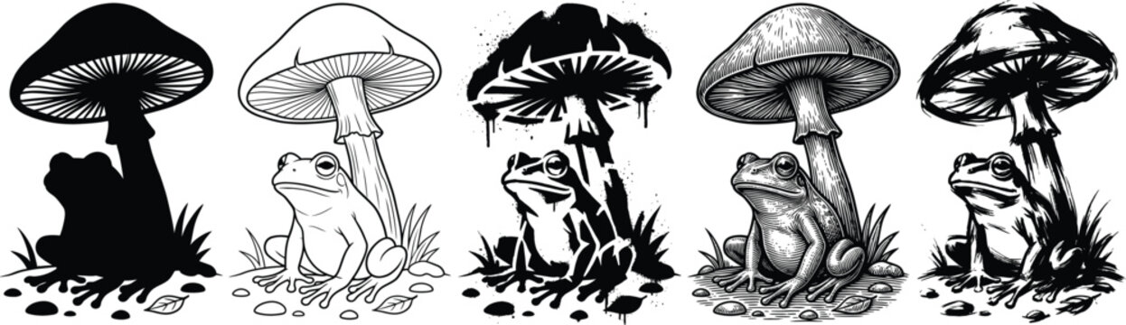 A set of eps silhouette illustrations of frogs sitting under various mushrooms in a forest