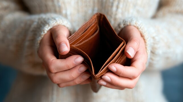 A poignant image of a person holding an empty brown wallet, conveying feelings of emptiness and financial concern while emphasizing human emotion and connection.