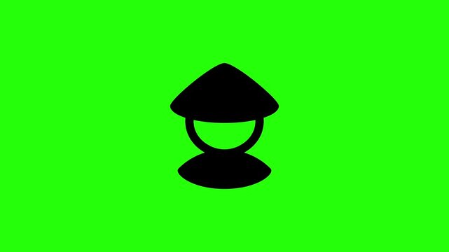 High quality 4K horizontal motion graphic of an Asian farmer avatar with a conical sun hat bouncing on screen. Playful popup element representing organic agriculture workforce in landscape layout.