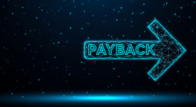 A modern, glowing neon arrow with the text 'PAYBACK' pointing rightward, set against a dark, starry backdrop.