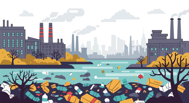 flat vector illustration of polluted river filled with trash and plastic bottles showing water contamination and environmental pollution problem