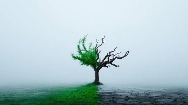 A solitary tree stands at the cusp of two contrasting environments, symbolizing resilience amid change, portrayed through a foggy backdrop and dry earth in stark juxtaposition.