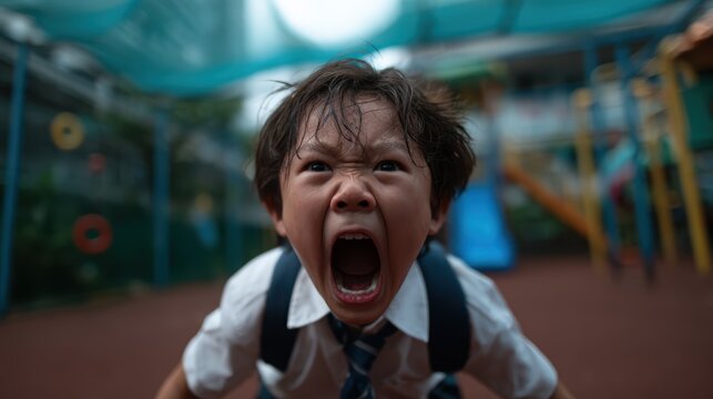 A young child expresses intense emotions while shouting in a playground, capturing raw feelings that resonate deeply with anyone who has experienced similar frustrations.