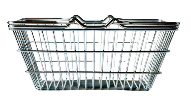 Shiny chrome wire shopping basket with handles, isolated on transparent background