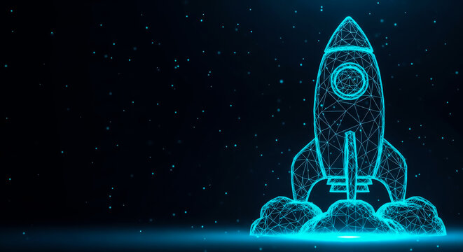 A glowing rocket stands on a launchpad against a dark, starry night sky, symbolizing space exploration and innovation.