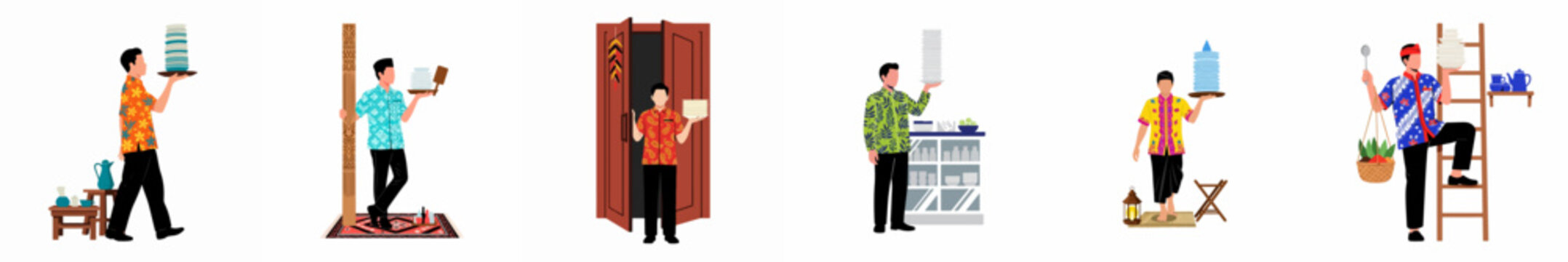 Indonesian Male Waiters in Traditional Batik Shirts Carrying Tall Stacks of Plates, Flat Vector Illustration Set