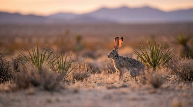 Telephoto lens shooting wildlife portrait of a desert jackrabbit standing between yucca plants at dawn, glowing ears, sandy scrubland foreground, soft mountain haze and peaceful arid habitat mood